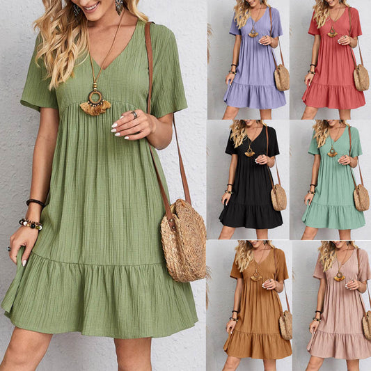 Summer V-neck Dresses Women's Loose Casual Short-sleeved Corset Dress