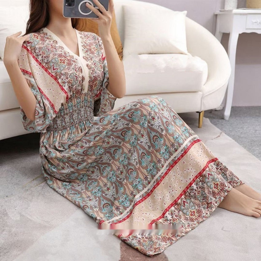 Ethnic Style Cotton Printed V-neck Short Sleeve Dress