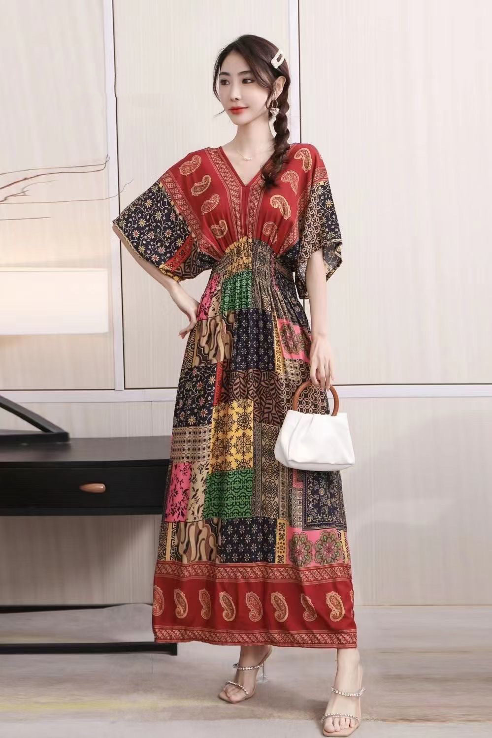 Ethnic Style Cotton Printed V-neck Short Sleeve Dress