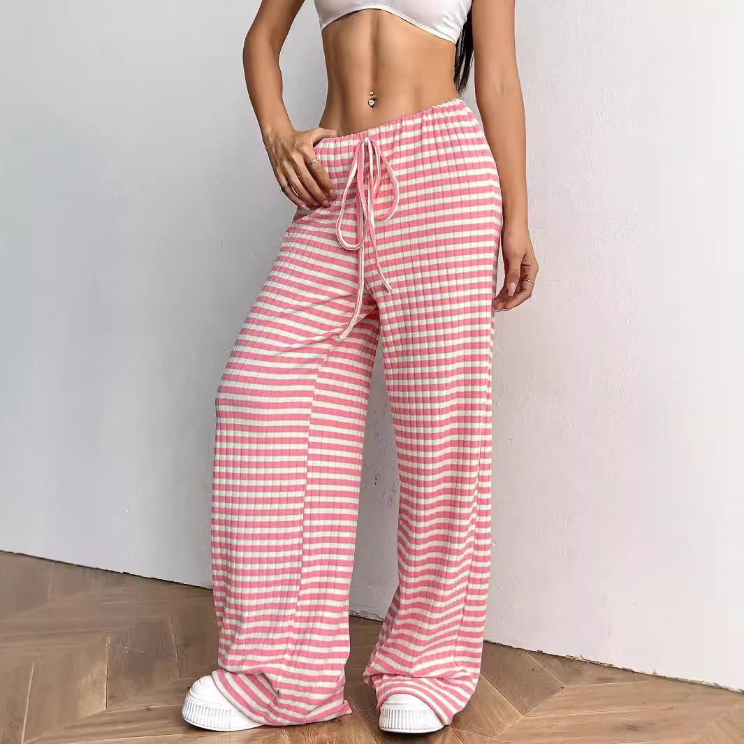 Women's Casual Striped Solid Color Drawstring Straight-leg Pants