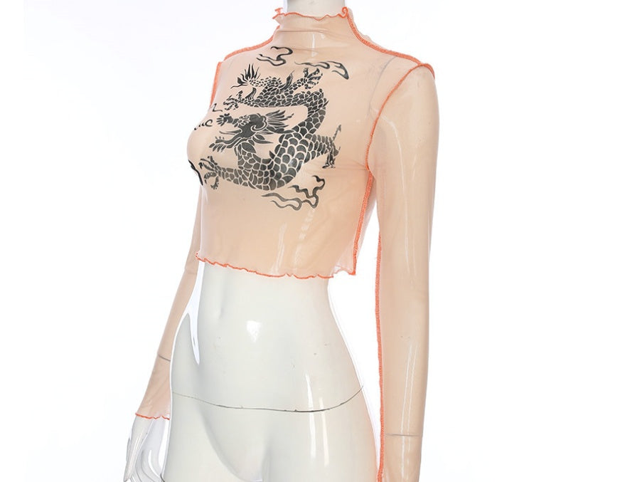 CHINESE DRAGON TURTLENECK MESH TOP