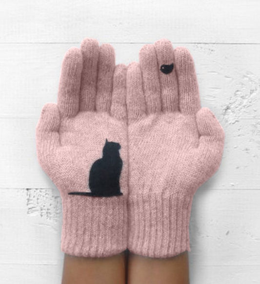 Cat and Bird Print Knitted Gloves