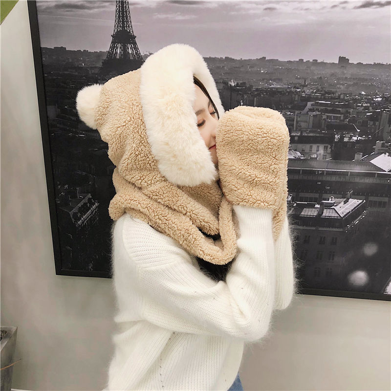 Double Layer Hat Women Lamb Woolen Hat Scarf Gloves Three-piece One