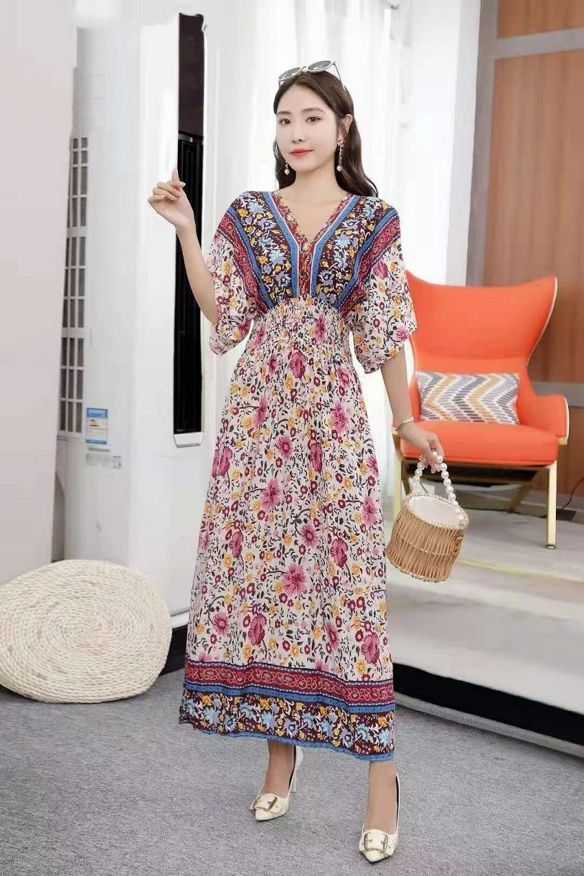 Ethnic Style Cotton Printed V-neck Short Sleeve Dress