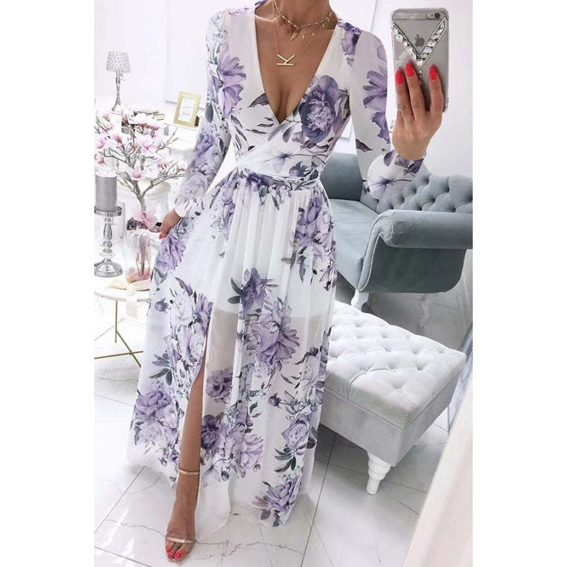 Summer Long-sleeve V-neck Chiffon Printed Bohemian Dress Women