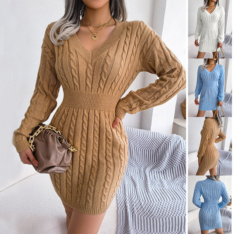 Solid Color V-Neck Long Sleeve Knit Dress Ins Fashion Slim Waisted Hip Dress Womens Clothing