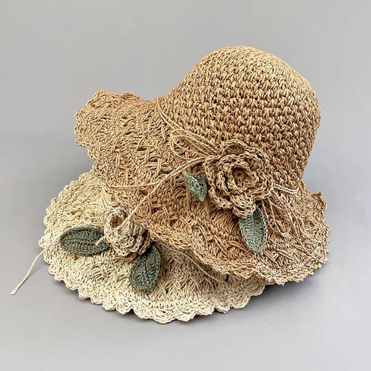 Hand-woven Summer Hat Straw Hat Female Sunshade Flower Foldable Sun Protection Sun Hat