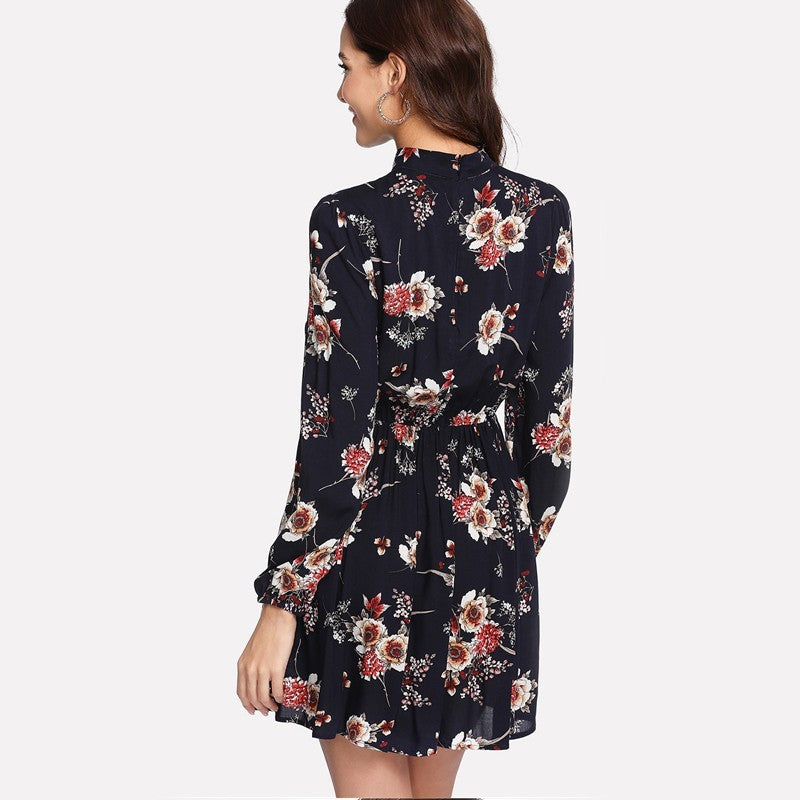 Autumn Floral Women Dresses Multicolor Elegant Long Sleeve High Waist A Line Chic Dress Ladies Tie Neck Dress