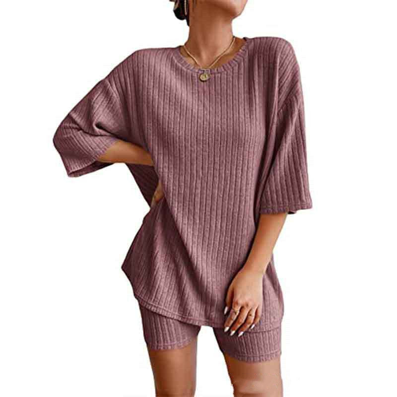 Women's Ribbed Short-sleeved Drop-shoulder Shorts Suit