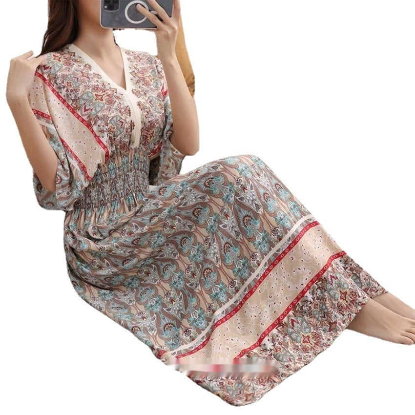 Ethnic Style Cotton Printed V-neck Short Sleeve Dress