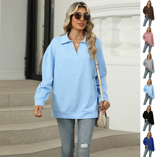 New Lapel V-neck Sweatshirt Fashion Casual Loose Solid Color  Long-sleeved Pullover Top For Womens Clothing