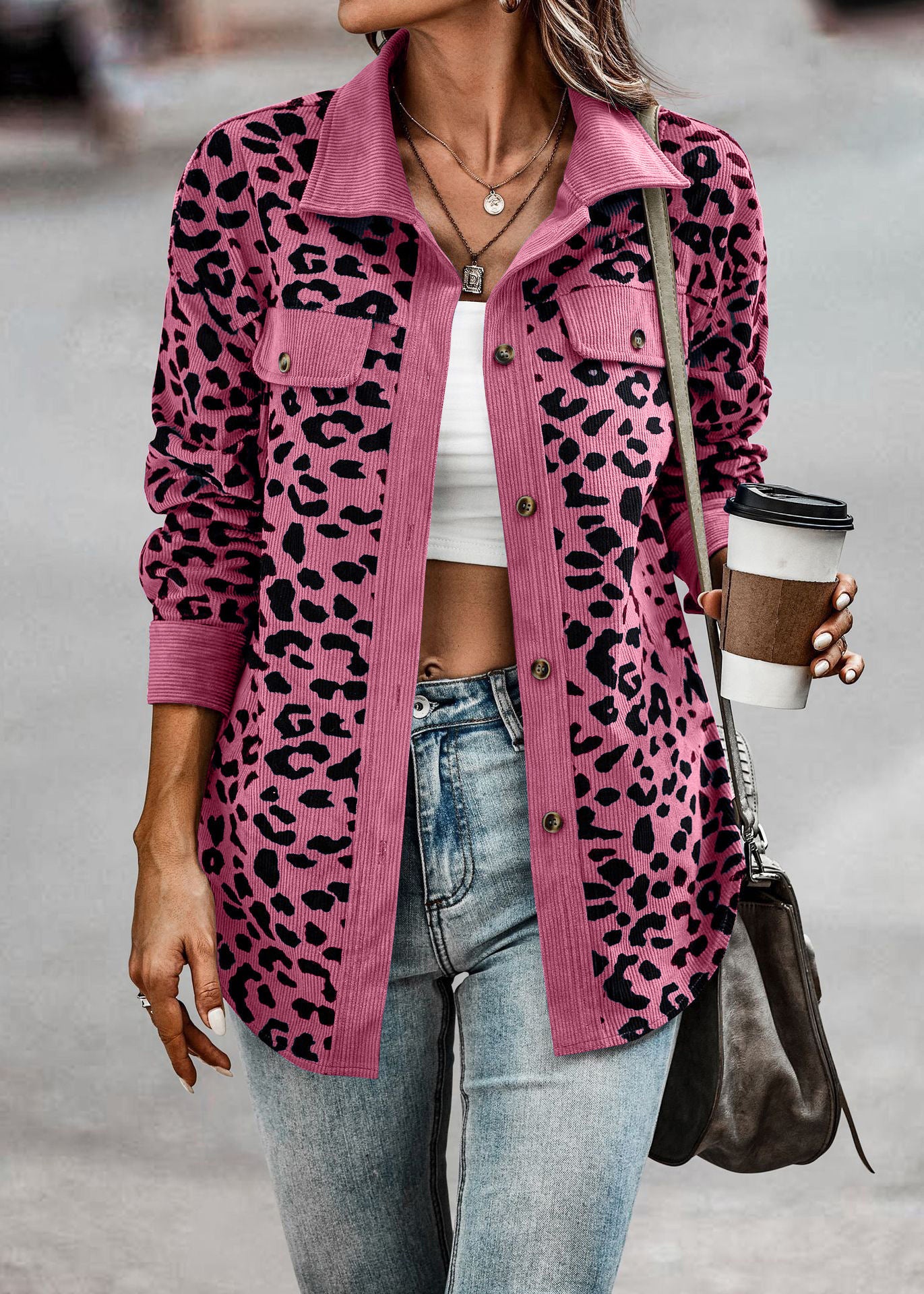 Leopard Print Shirt Coat Fashion Button Long Sleeve Jacket Women