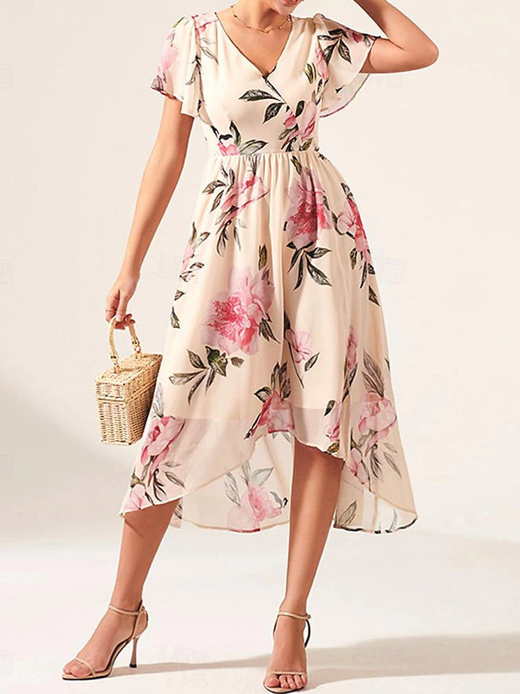 V-neck Mid-length Slim-fit Printed Dress