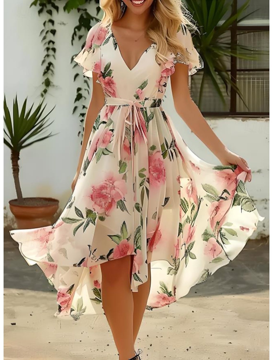 V-neck Mid-length Slim-fit Printed Dress