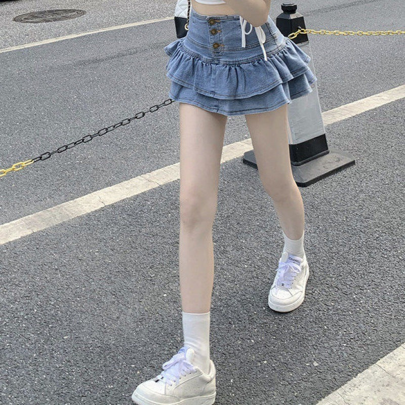 Hot Girl Pure Denim Skirt Women's Summer Anti-exposure Single-breasted