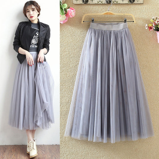 Yarn Skirt Half-length Skirt Female High Waist Mid-length A-line Skirt Mesh Skirt