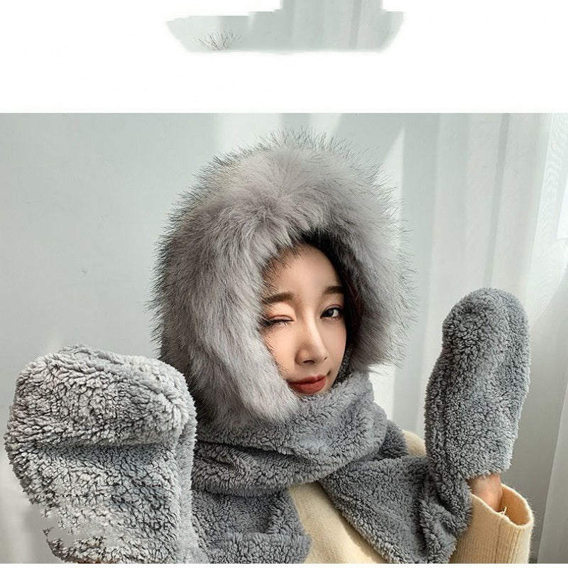 Double Layer Hat Women Lamb Woolen Hat Scarf Gloves Three-piece One