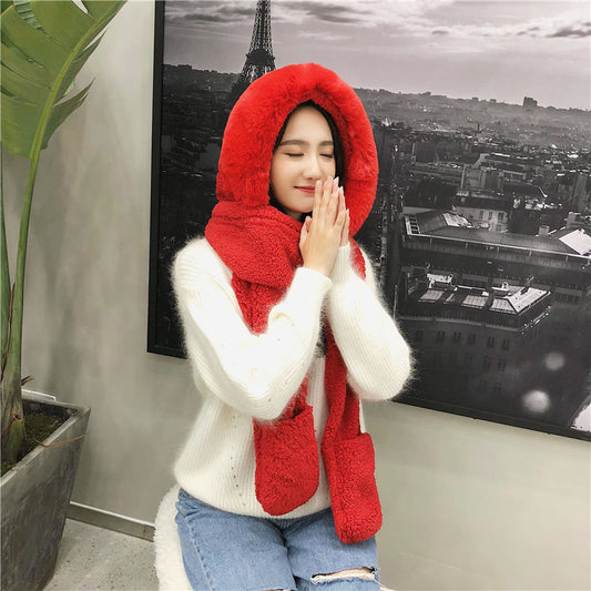 Double Layer Hat Women Lamb Woolen Hat Scarf Gloves Three-piece One