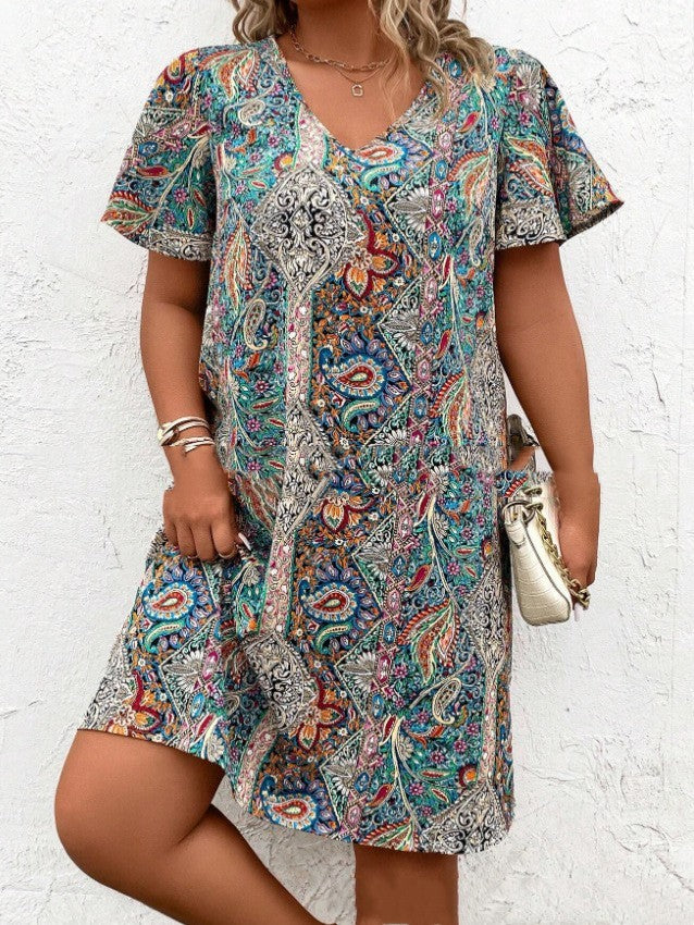 Printed V-neck Short Sleeve Dress