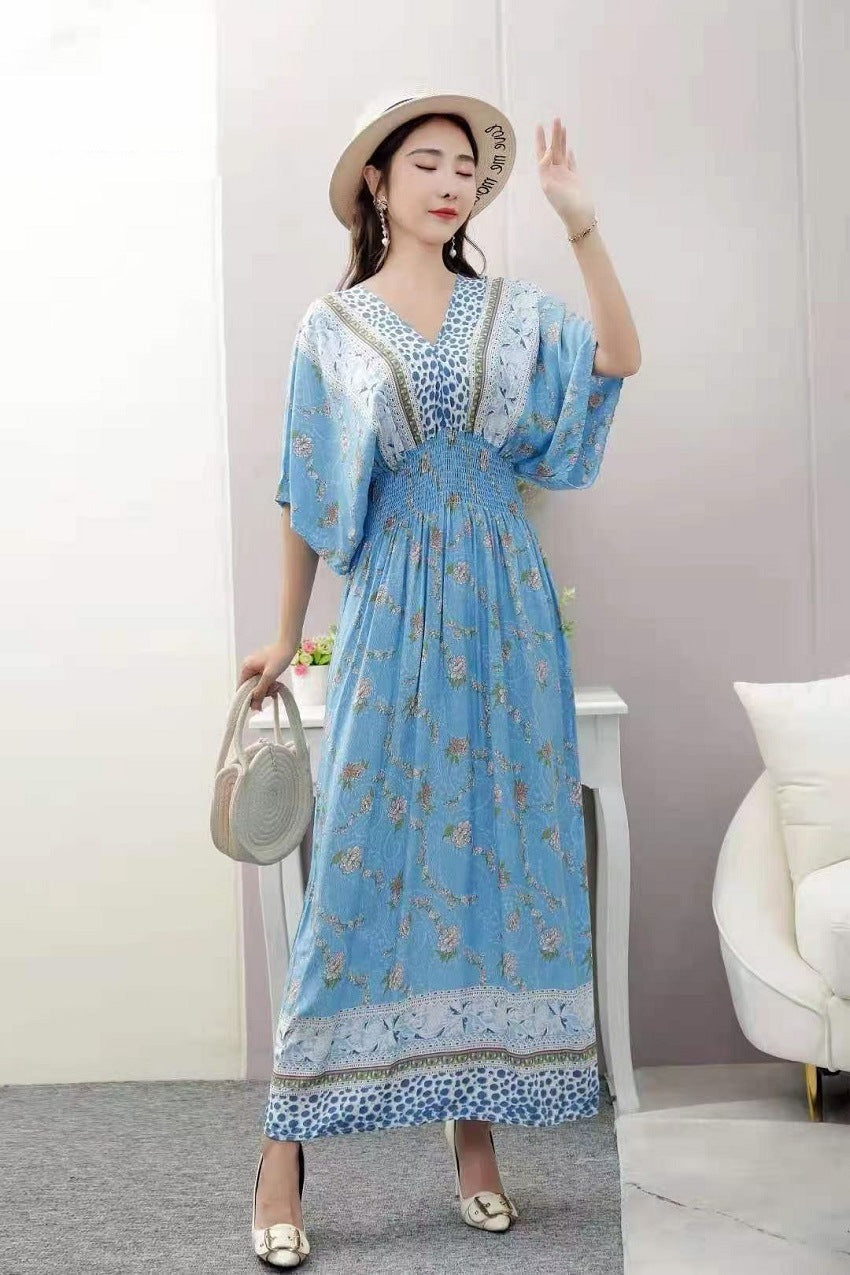 Ethnic Style Cotton Printed V-neck Short Sleeve Dress