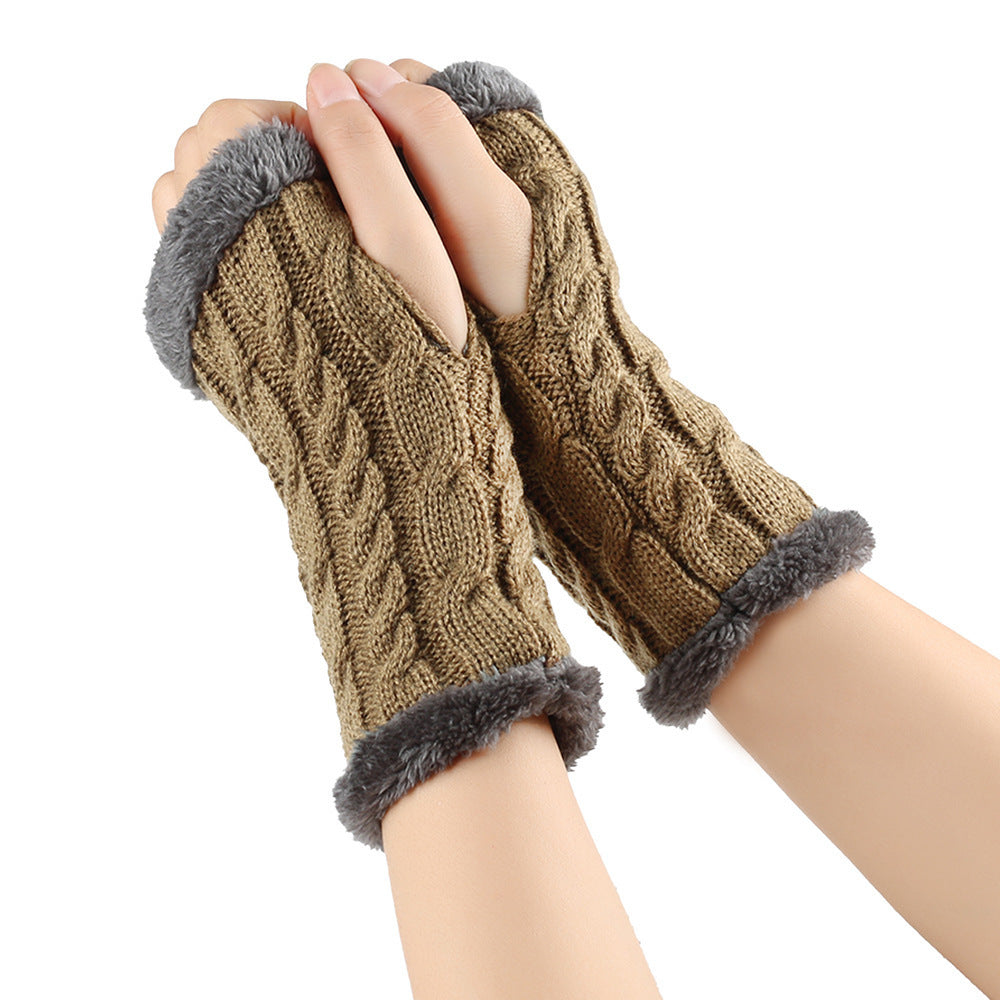 Winter Plush Gloves Twist Knitted Fingerless Fleece Gloves Women Warm Thickened Woolen Gloves