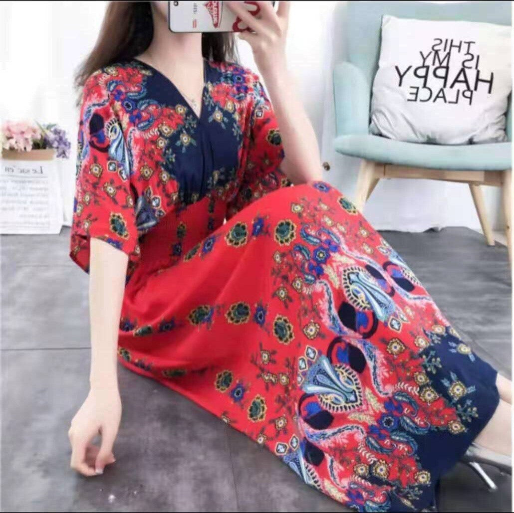 Ethnic Style Cotton Printed V-neck Short Sleeve Dress