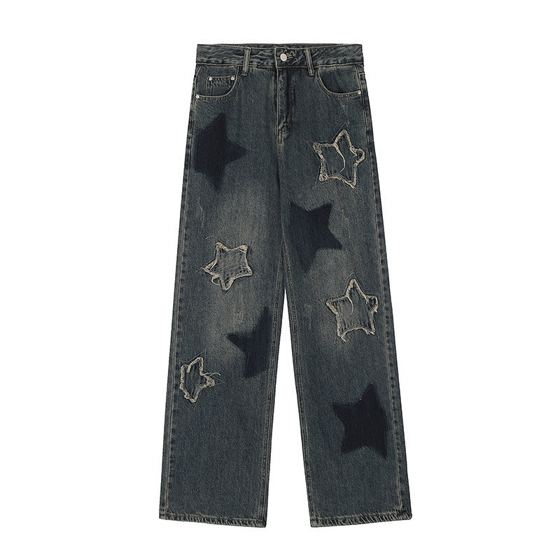 National Fashion XINGX Embroidery Washed Worn Jeans Men And Women Straight-leg Trousers