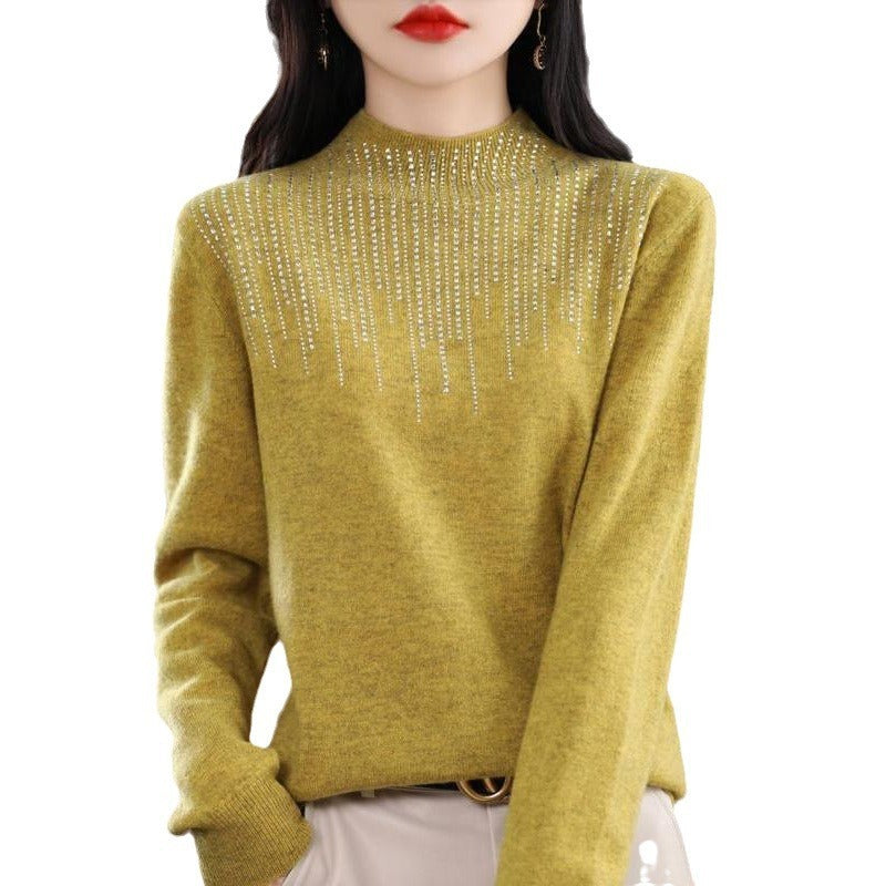 Women's Diamond-embedded Half-turtleneck Wool Sweater Bottoming Shirt