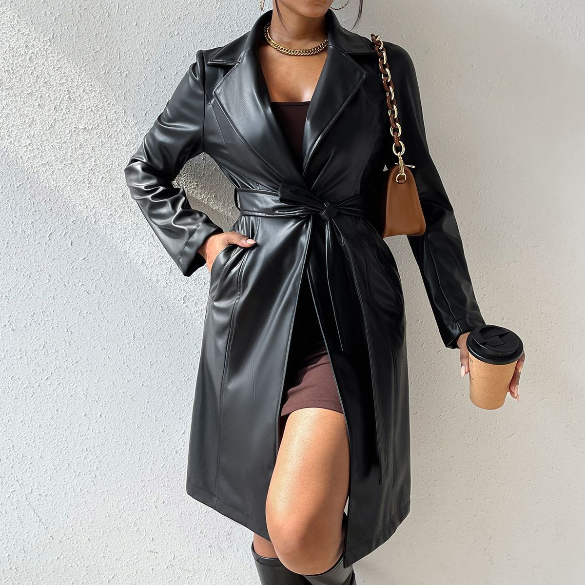 PU Long Sleeve Jacket Women's Slim Fit Long Trench Coat