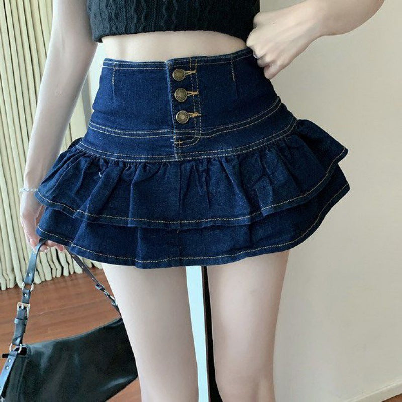 Hot Girl Pure Denim Skirt Women's Summer Anti-exposure Single-breasted