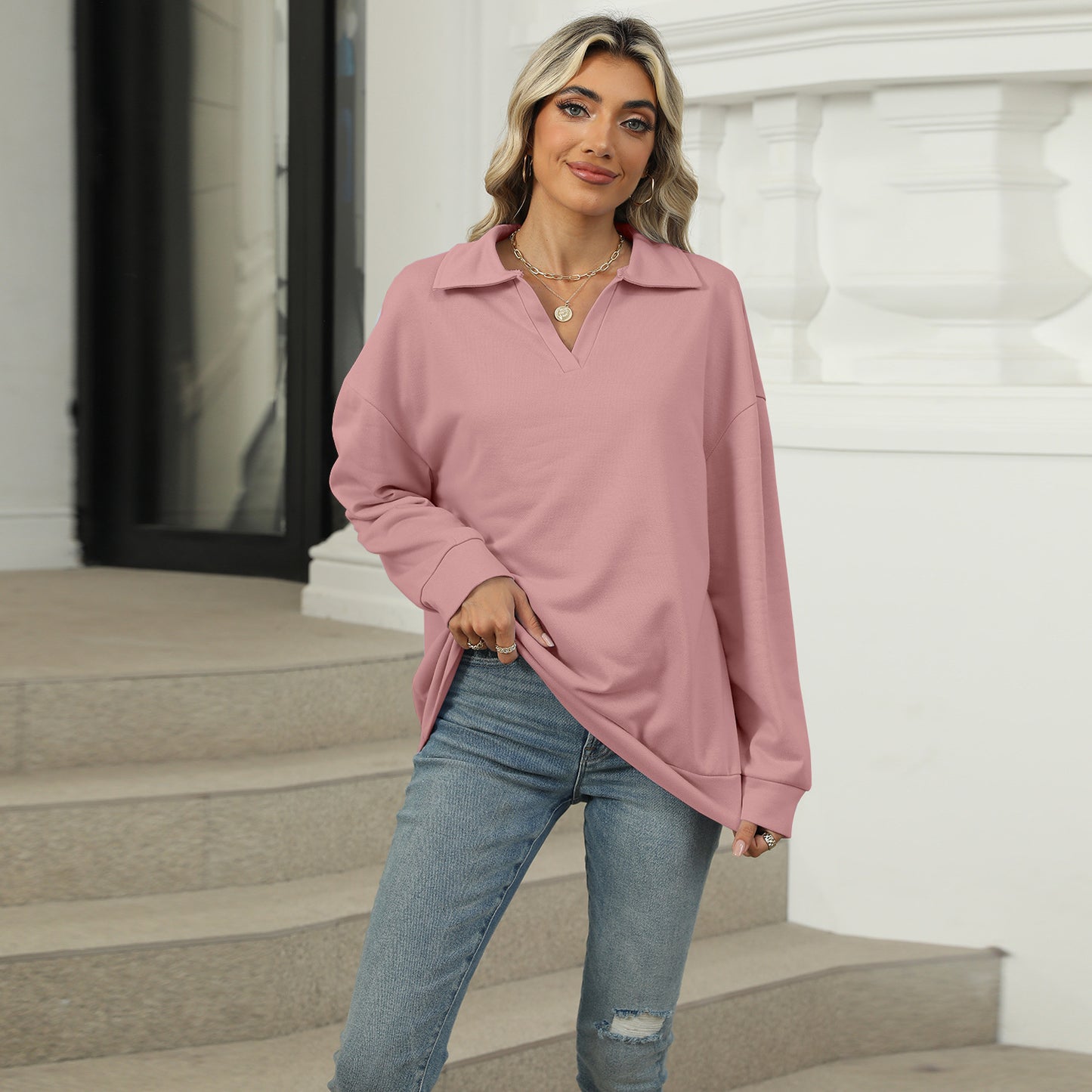 New Lapel V-neck Sweatshirt Fashion Casual Loose Solid Color  Long-sleeved Pullover Top For Womens Clothing