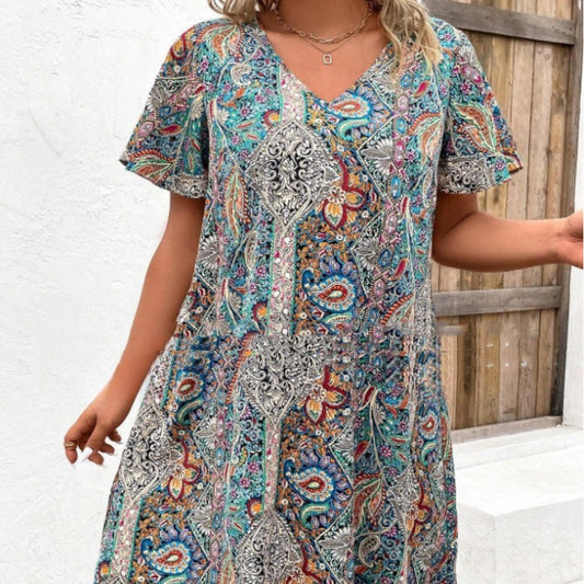 Printed V-neck Short Sleeve Dress