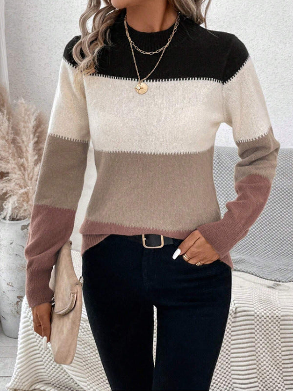 Contrast Color Pullover Round Neck Long Sleeves Knitwear Casual Sweater