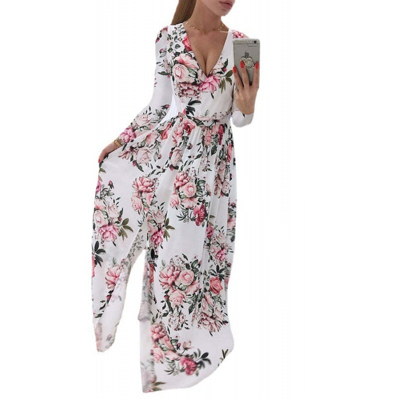 Summer Long-sleeve V-neck Chiffon Printed Bohemian Dress Women