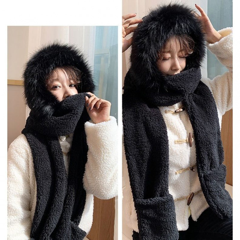 Double Layer Hat Women Lamb Woolen Hat Scarf Gloves Three-piece One