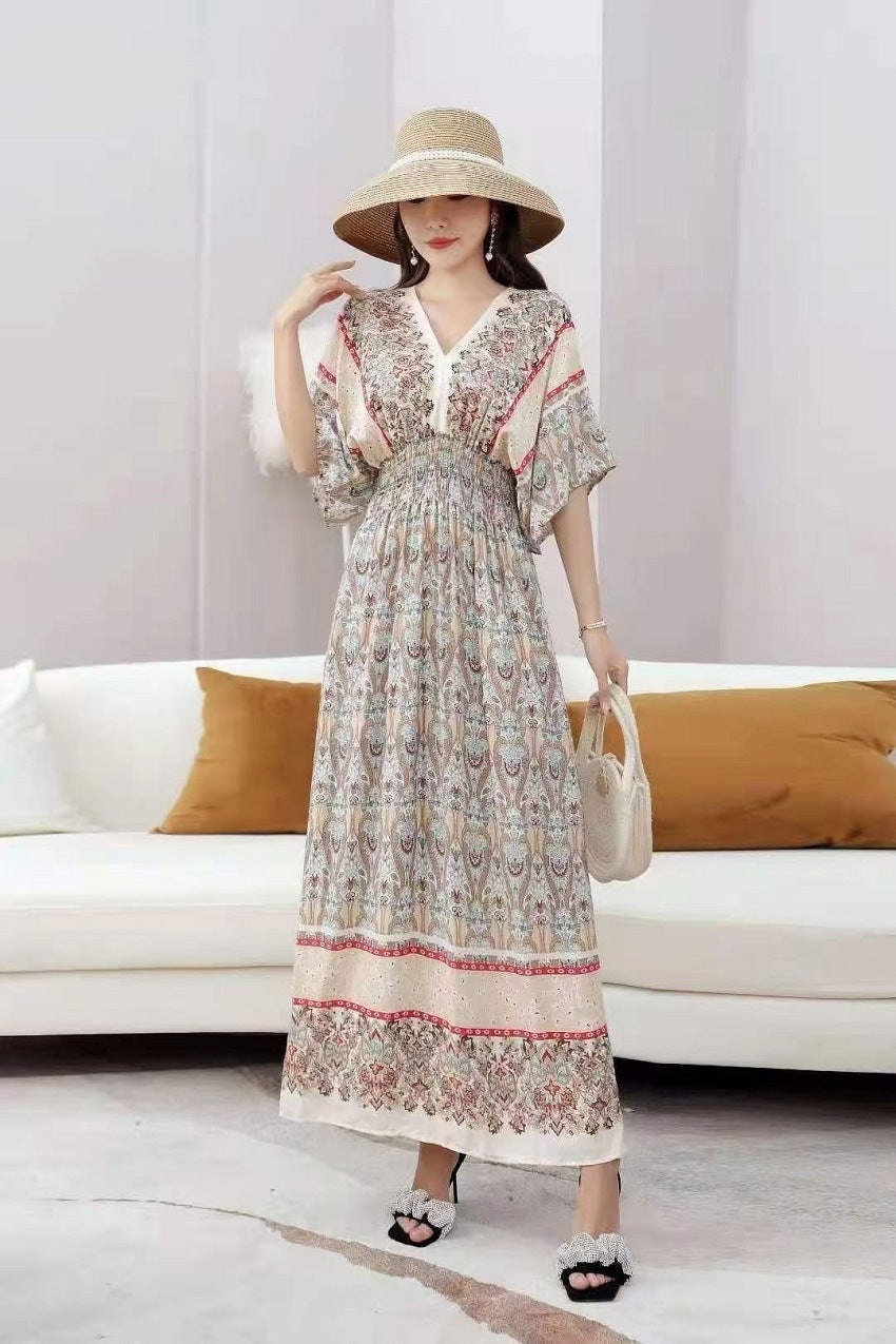 Ethnic Style Cotton Printed V-neck Short Sleeve Dress