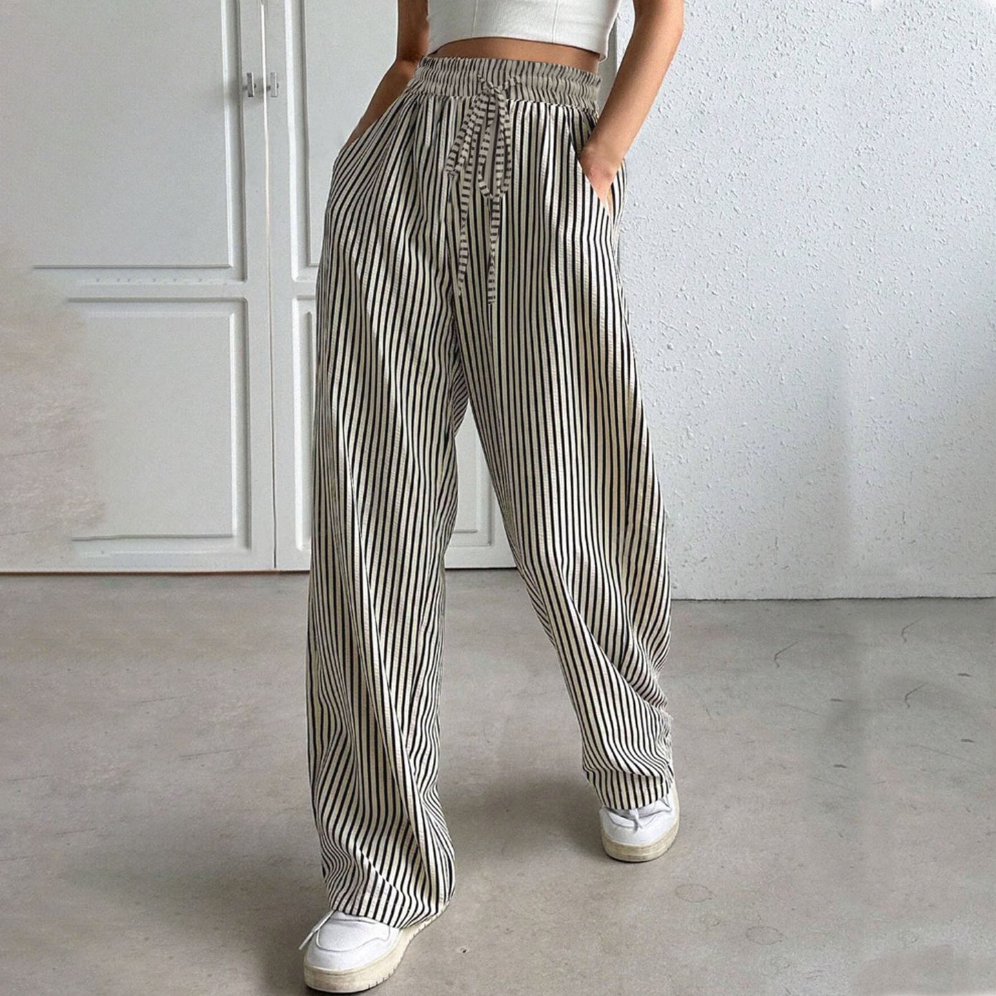 Women's Clothing Striped Casual Trousers Straight-leg Pants