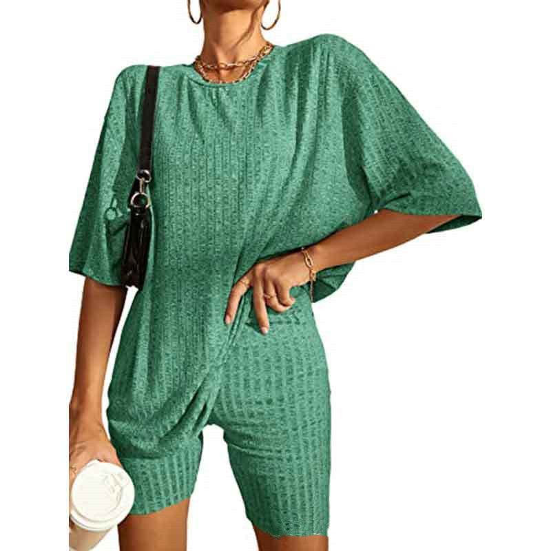 Women's Ribbed Short-sleeved Drop-shoulder Shorts Suit