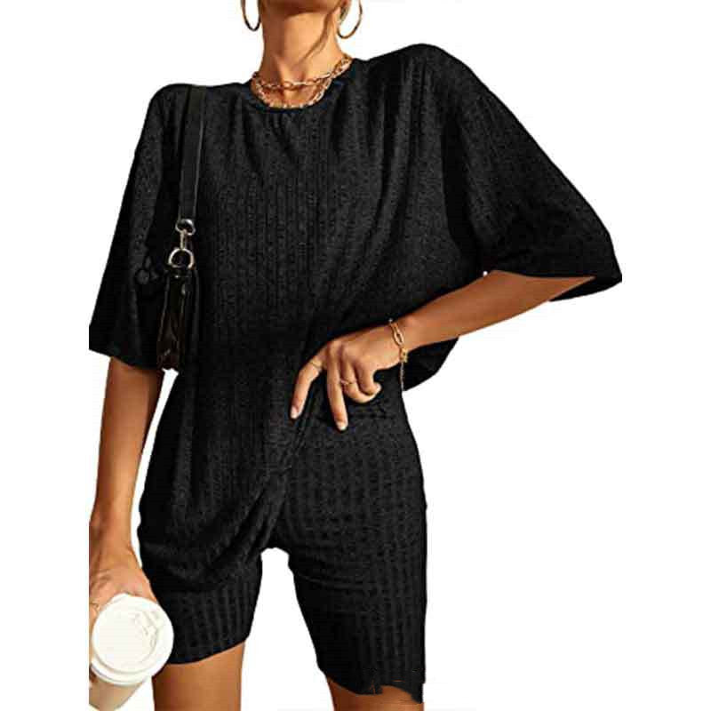 Women's Ribbed Short-sleeved Drop-shoulder Shorts Suit