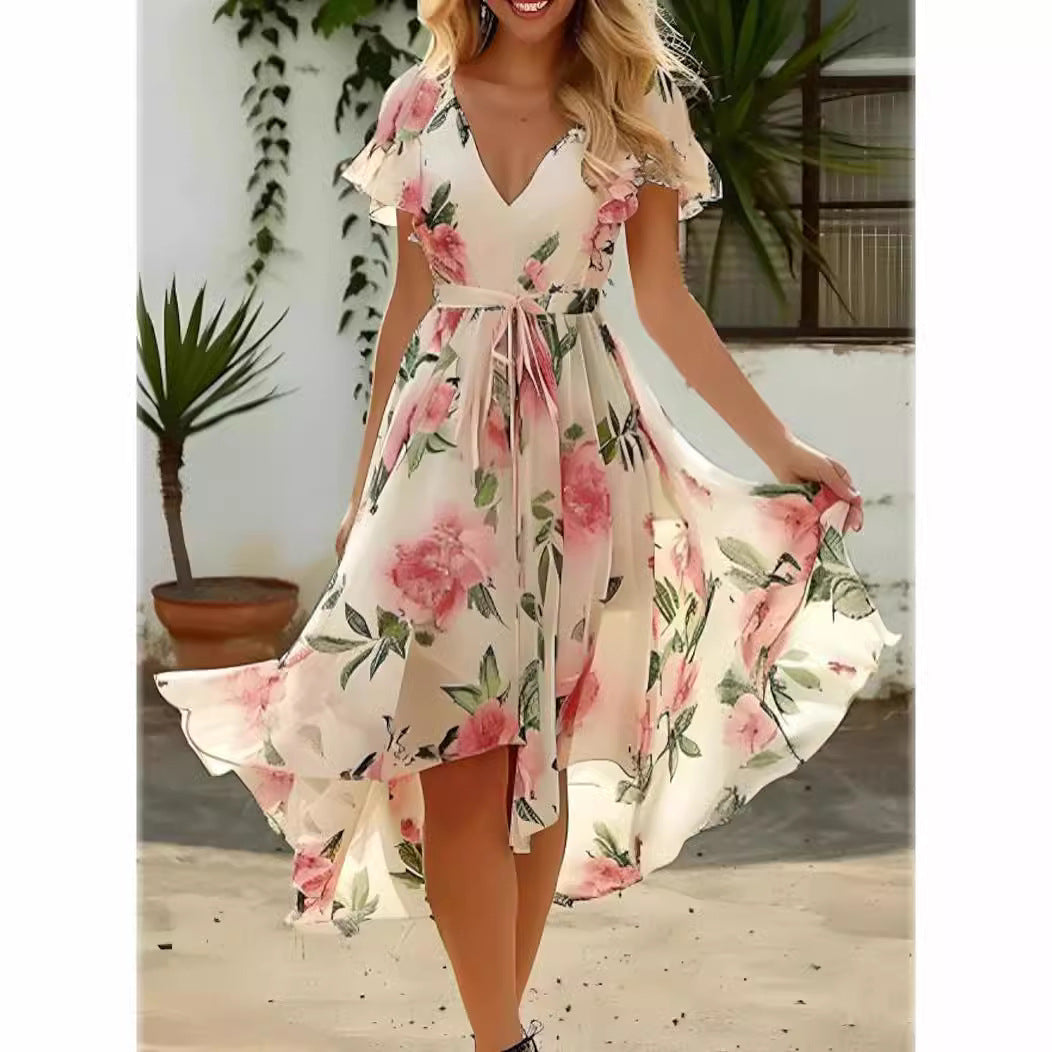 V-neck Mid-length Slim-fit Printed Dress