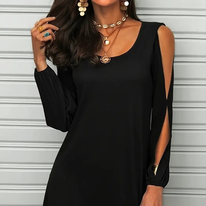 Deep Round Neck Loose Off-the-shoulder Long Sleeve Casual Beach Broken Dress