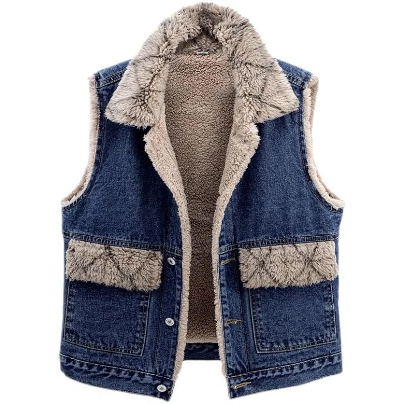 Lamb Wool Denim Cotton-padded Waistcoat Women