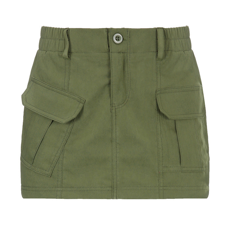 Simple Tooling Style Pocket Stitching Army Green Woven Skirt Hot Girl A- Line Skirt Summer