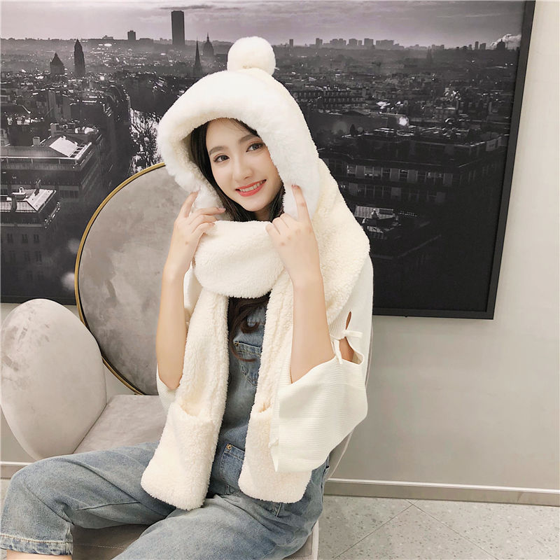 Double Layer Hat Women Lamb Woolen Hat Scarf Gloves Three-piece One