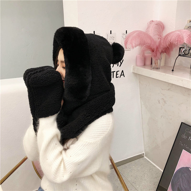 Double Layer Hat Women Lamb Woolen Hat Scarf Gloves Three-piece One