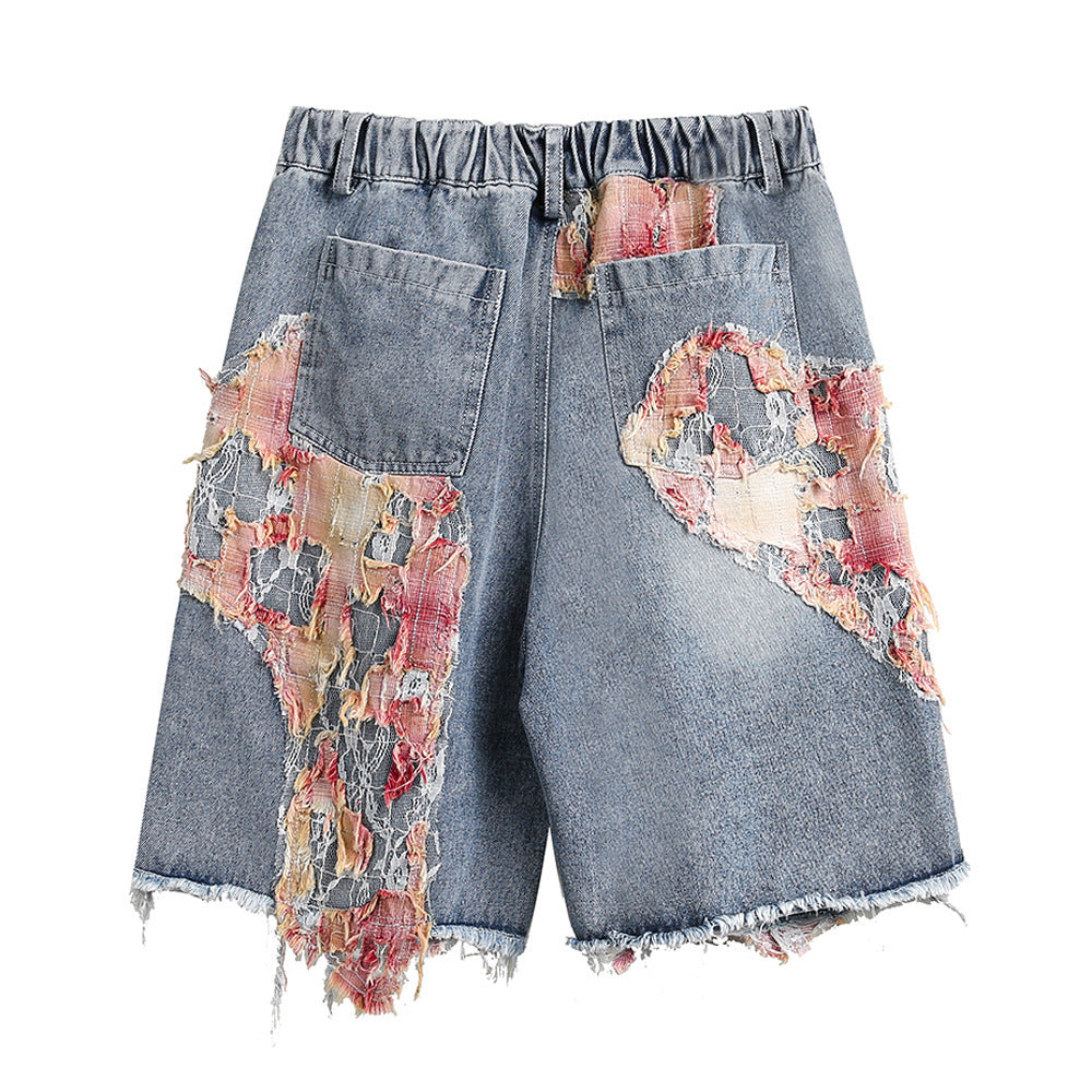 Color Contrast Patchwork Lace Washed Denim Shorts Men's Clothing