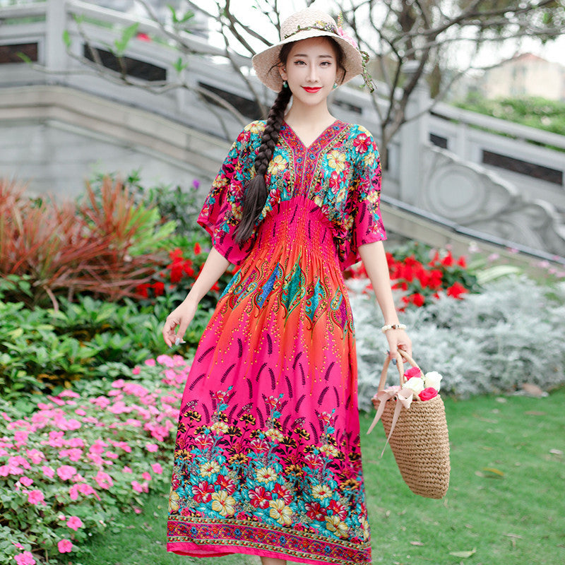 Ethnic Style Cotton Printed V-neck Short Sleeve Dress