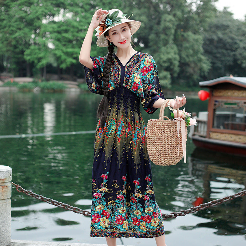 Ethnic Style Cotton Printed V-neck Short Sleeve Dress