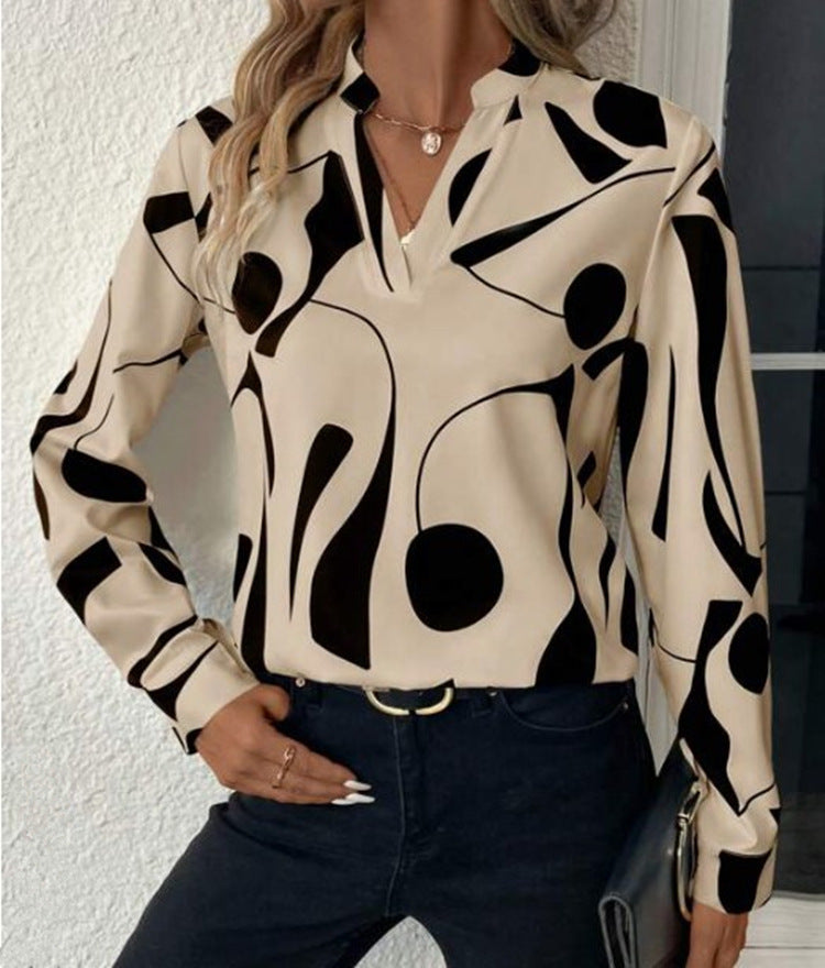 V-neck Long Sleeve Slimming Printed Stand Collar Shirt