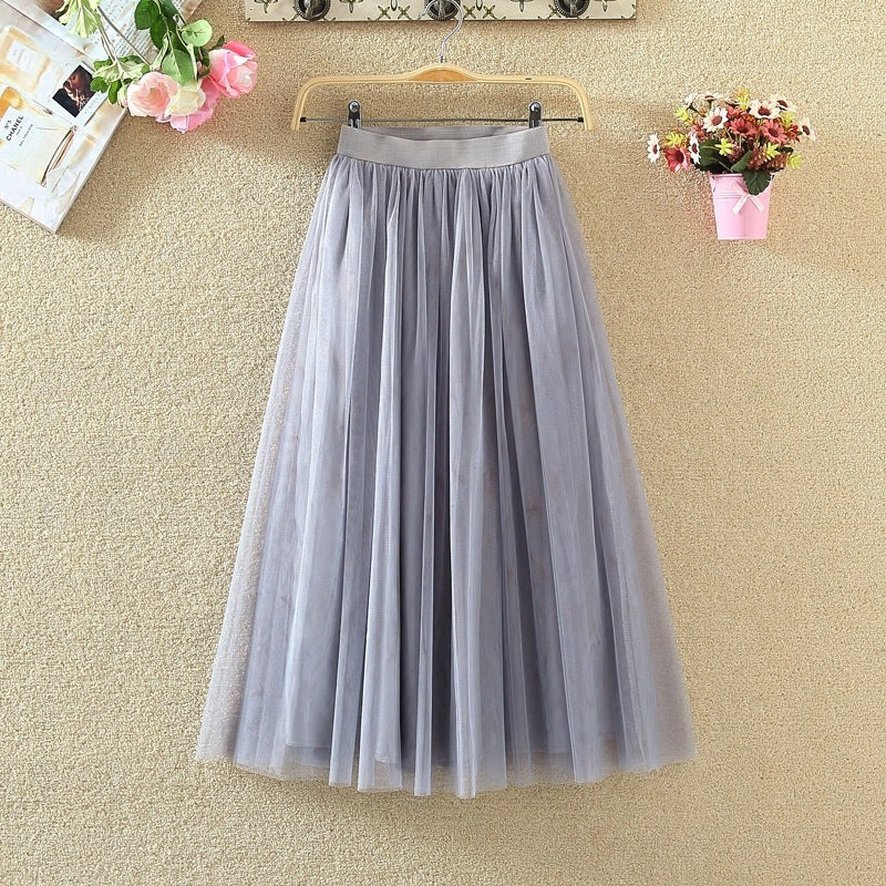 Yarn Skirt Half-length Skirt Female High Waist Mid-length A-line Skirt Mesh Skirt